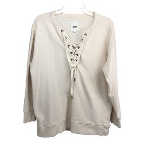 Aerie Sweatshirt Pullover Womens Oversized XS Cream Lace Up Distressed Lounge